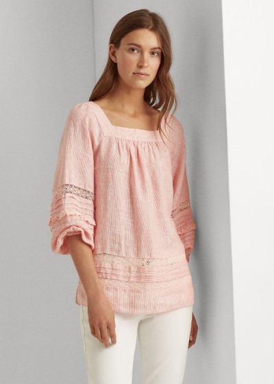 Tops Ralph Lauren Mujer Coral / Blancos - Striped Balloon-Sleeve - NQYCE4728